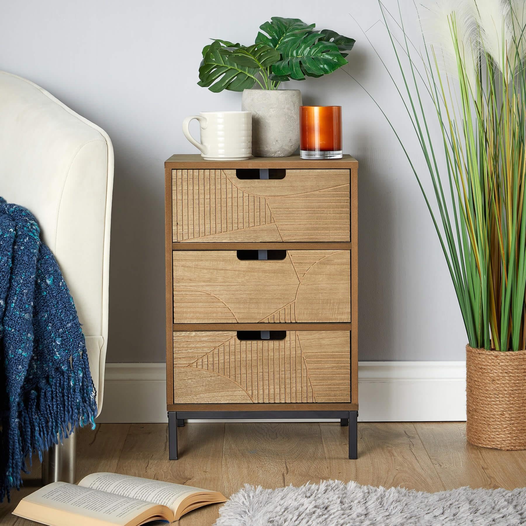 Home Source Chest of Drawers, Wooden Bedroom Storage Organiser, Geometric Paulownia Veneer, Metal Legs, 3 Drawer