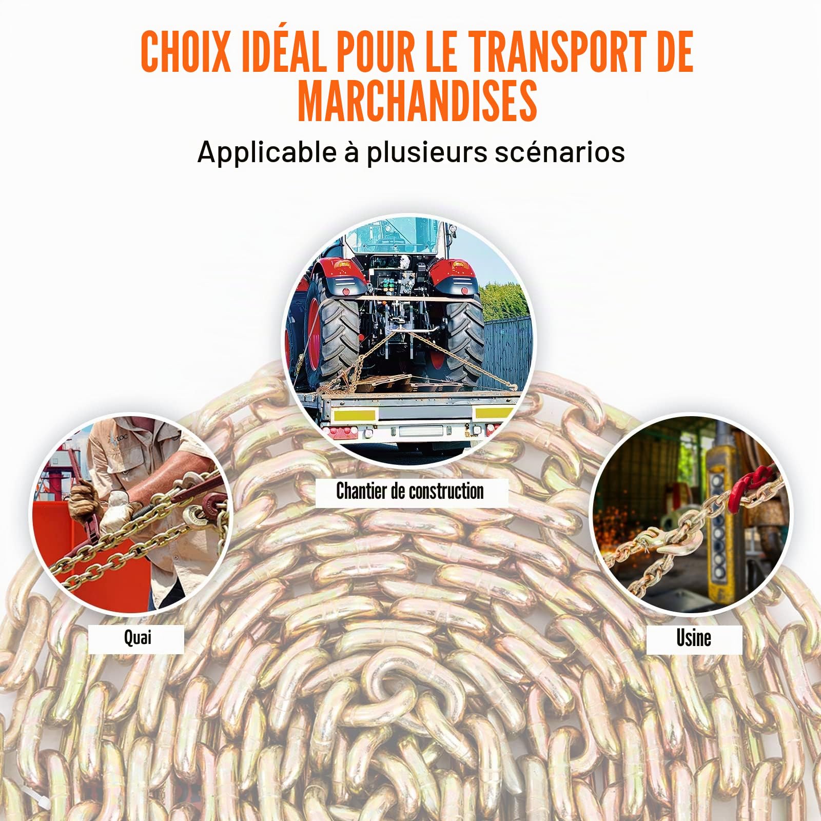 VEVOR Chaîne de Transport Crochets Lot de 2 Chaine de Reliure de Remorquage G80 Capacité Charge 3220 kg​​ 9,53 mm x 6 m Revêtement Galvanisé Acier au Manganèse pour Chantier de Construction Usine Quai