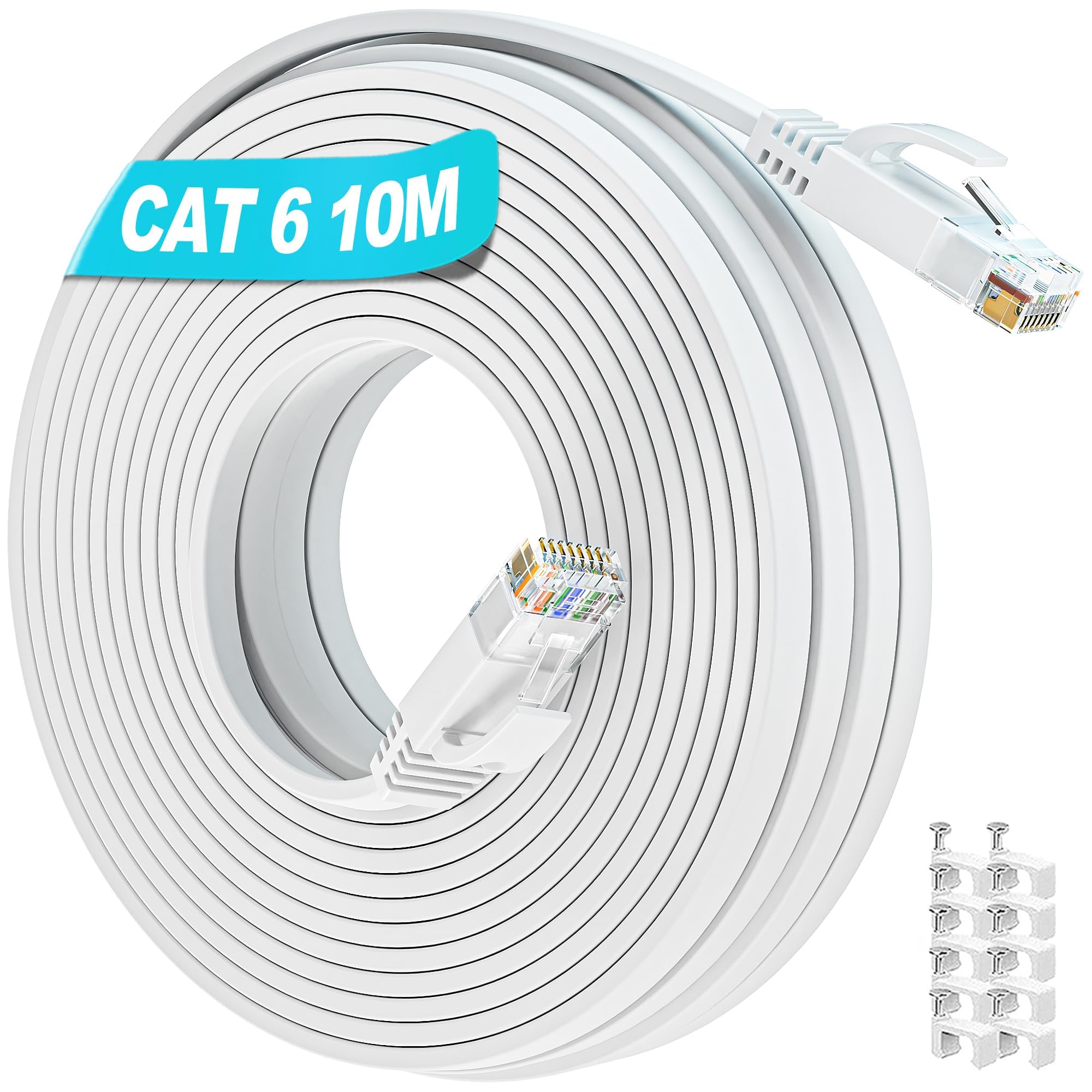 Cat 6 Ethernet Cable 10m, High Speed Internet Cable 10m Flat LAN RJ45 Cable Gigabit 1000Mbps Network Cable White Patch Extra Long Wifi Cables Slim Wlan Cables for Router