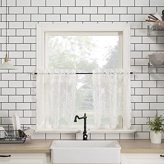 No. 918 Alison Floral Lace Sheer Rod Pocket Kitchen Curtain Tier Pair, 58" x 36", Ivory