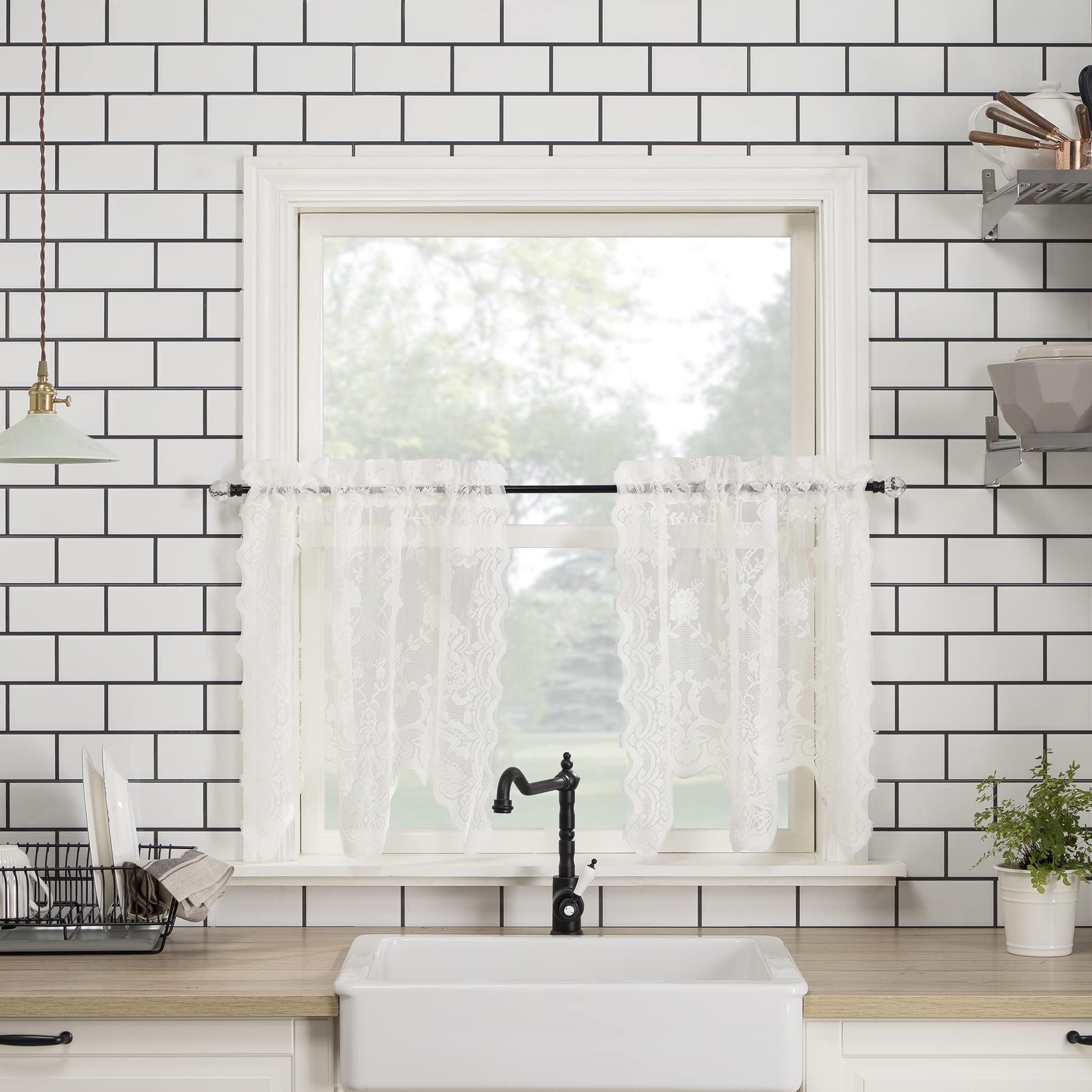 No. 918 Alison Floral Lace Sheer Rod Pocket Kitchen Curtain Tier Pair, 58" x 36", Ivory