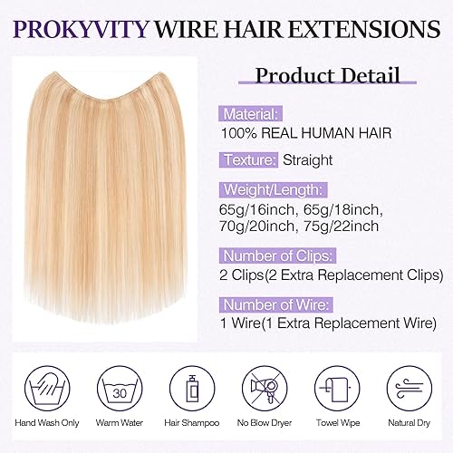 Miniatura 5 de Extensiones de cabello humano real, prokyvity Halo extensiones de cabello 100% humano, extensiones de cabello lacio con alambre, 18P613, rubio