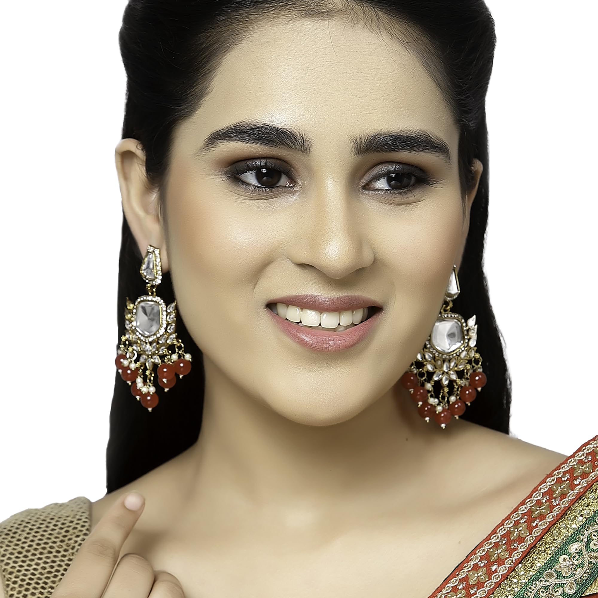 Gold-Plated Kundan & Pearls Mirror Drop Earrings