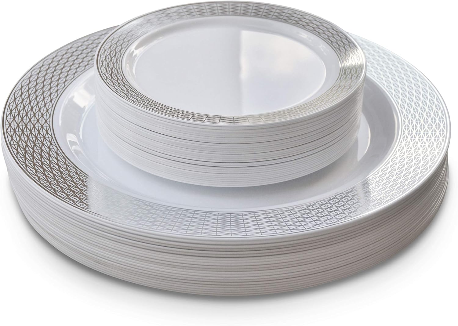 " OCCASIONS " 50 Plates Pack, Heavyweight Premium Disposable Plastic Plates Set (25 x 10.5'' Dinner + 25 x 6.25'' Cake plates) (Diamond in White & Silver)