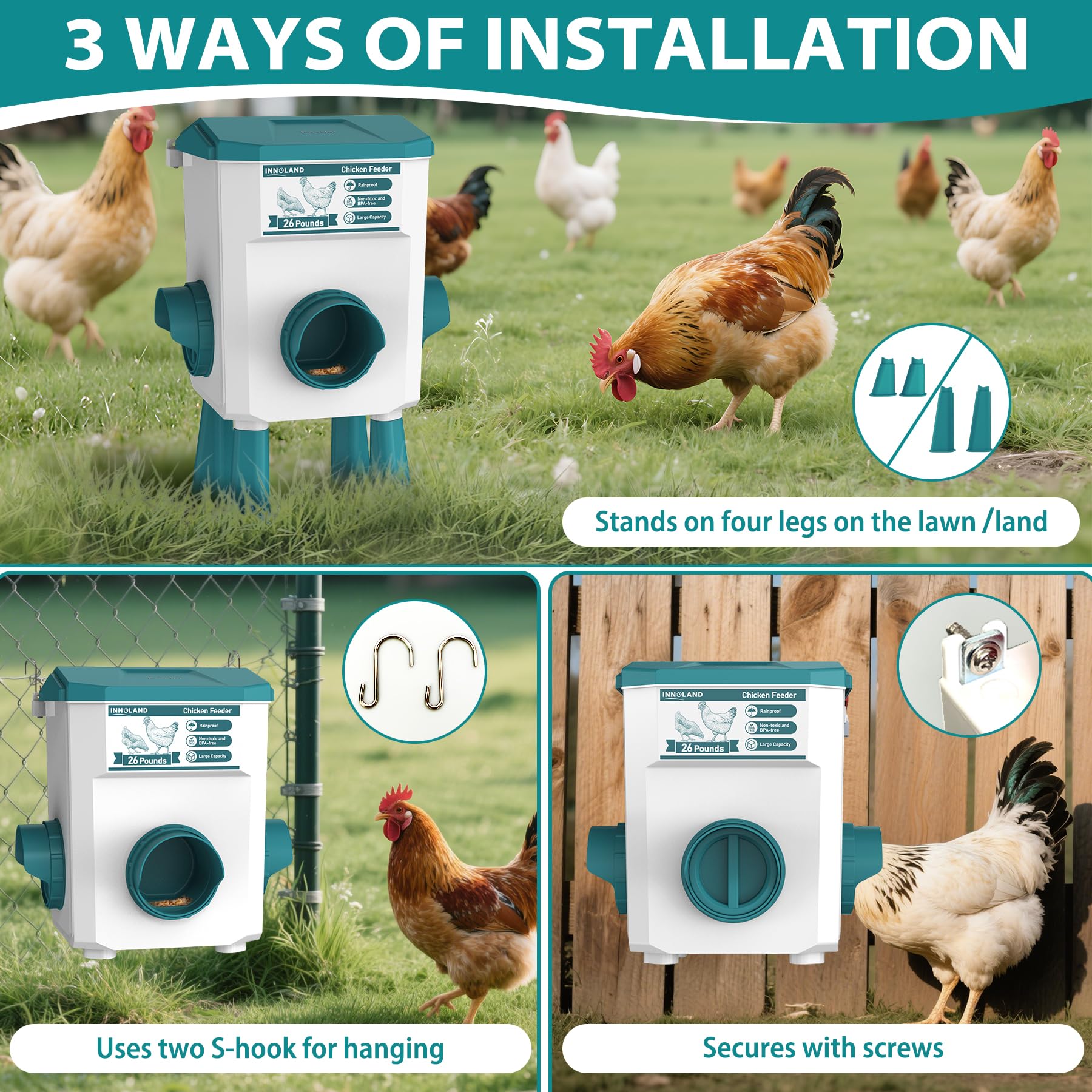Abbeveratoio per Galline e Mangiatoia per Galline - 11L/12KG, Abbeveratoio Automatico per Galline con 4 Beccucci e 3 Bocche di Alimentazione, Senza Sprechi, Accessori per Pollaio per Galline/Anatre