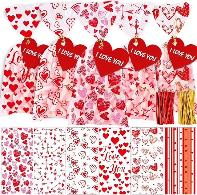 DIYDEC 120pcs Valentines Cellophane Bags, Valentine Red Heart Treat Sweet Candy Cookies Bags with 140 Pieces Twist Ties for Valentine Party Supplies