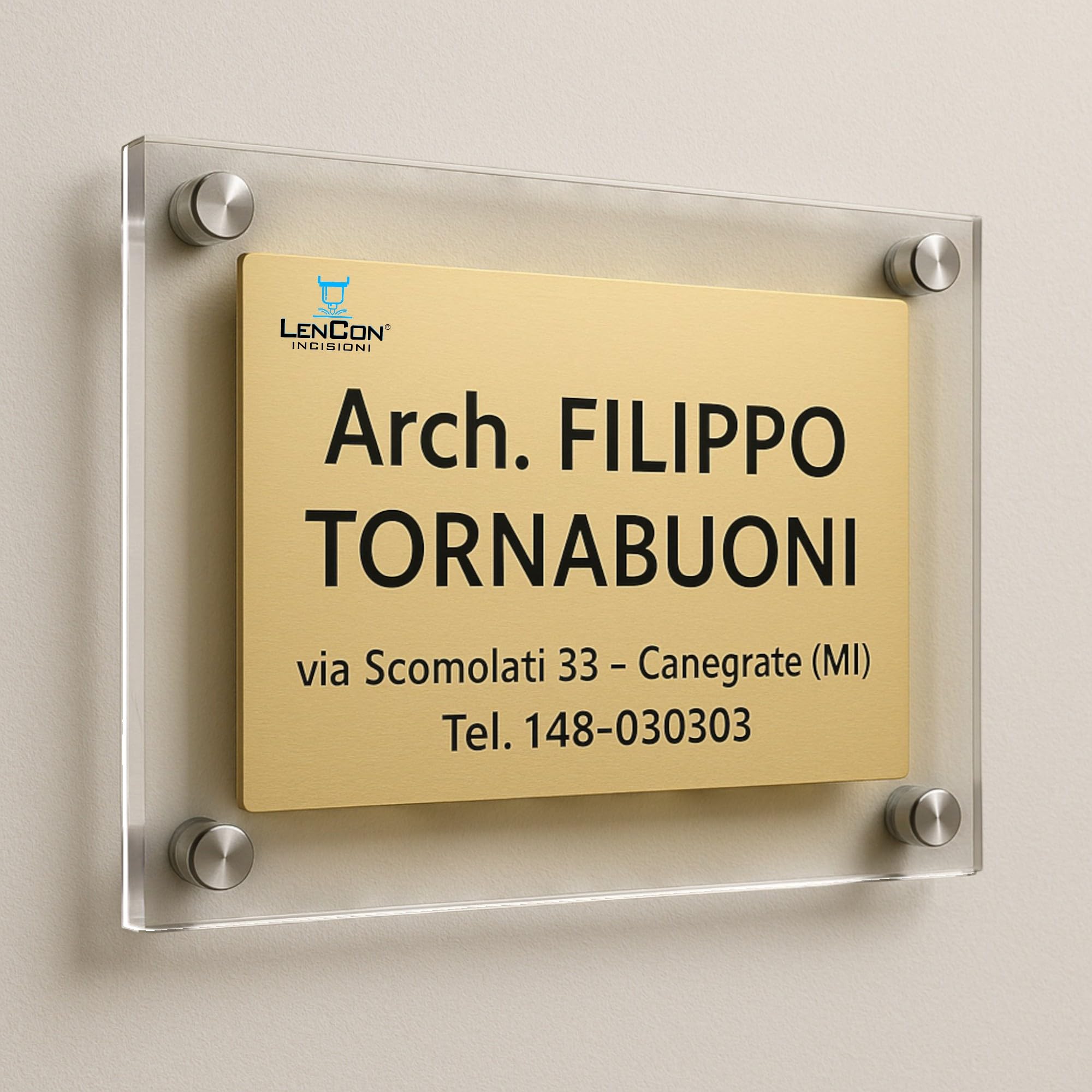Targa Insegna Professionale Personalizzata per Azienda, Studio Medico, B&B, Acrilico Trasparente 5mm e Alluminio Effetto Oro, Montaggio con Kit Distanziali