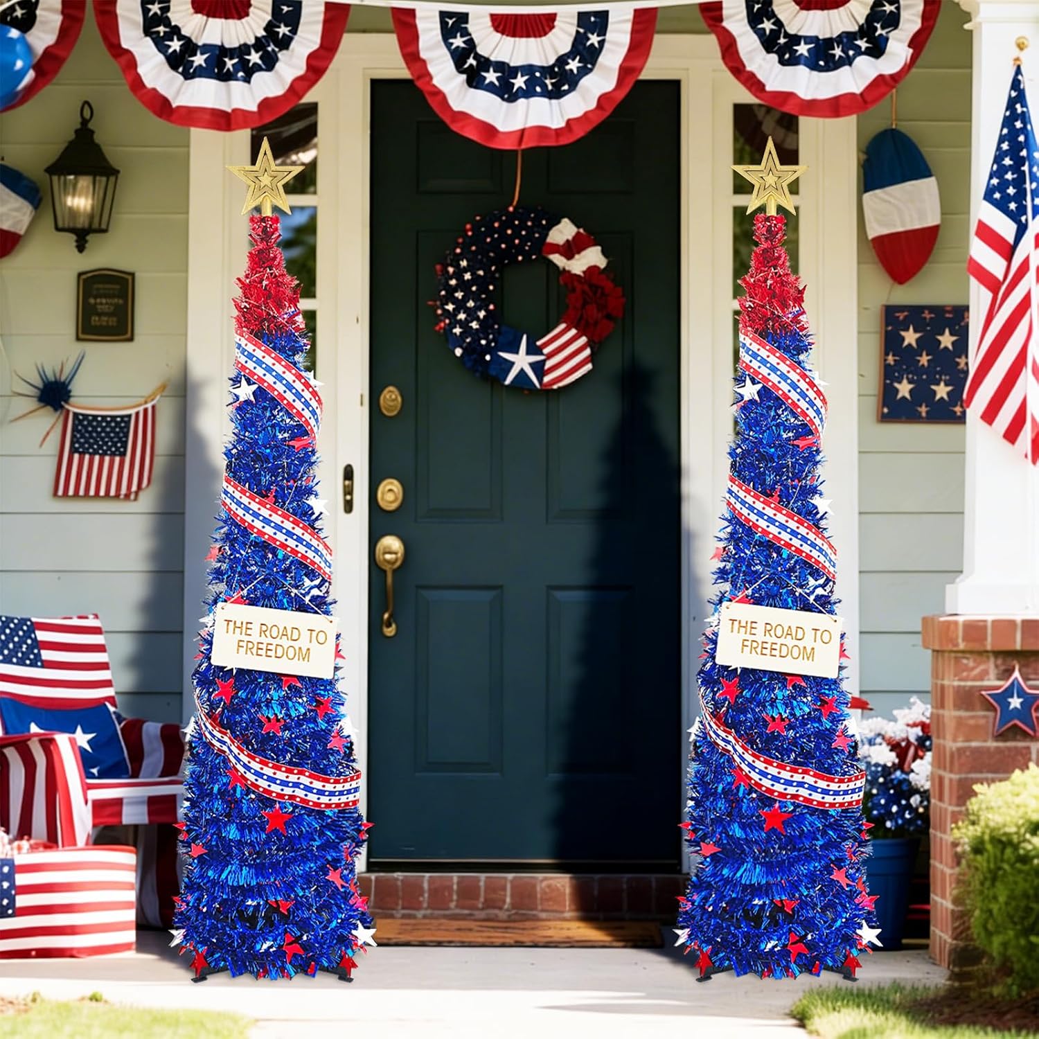 4th of July Patriotic Decorations Tree with 50 Lights, 5Ft Pop up Christmas Tree, Artificial Collapsible Star Sequins Christmas Tree for Indoor Outdoor Independence Day Patriotic Party Decorations