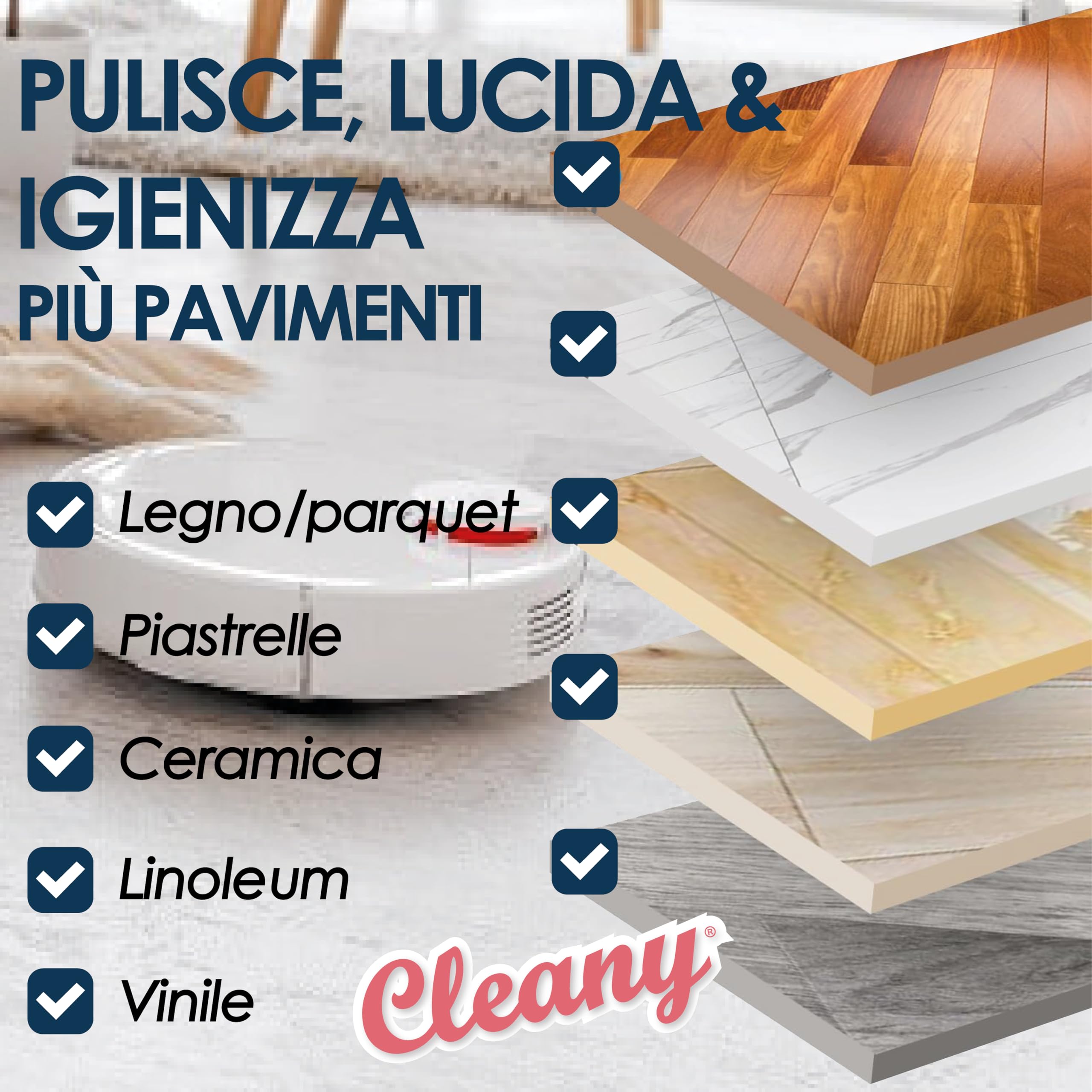 CLEANY Detergente Concentrato per Robot Lavapavimenti e Aspirazione con Igienizzante Multisurface 1000ml pulizia senza aloni e sostenibile Adatto a tutti i Robot (Eucalipto)