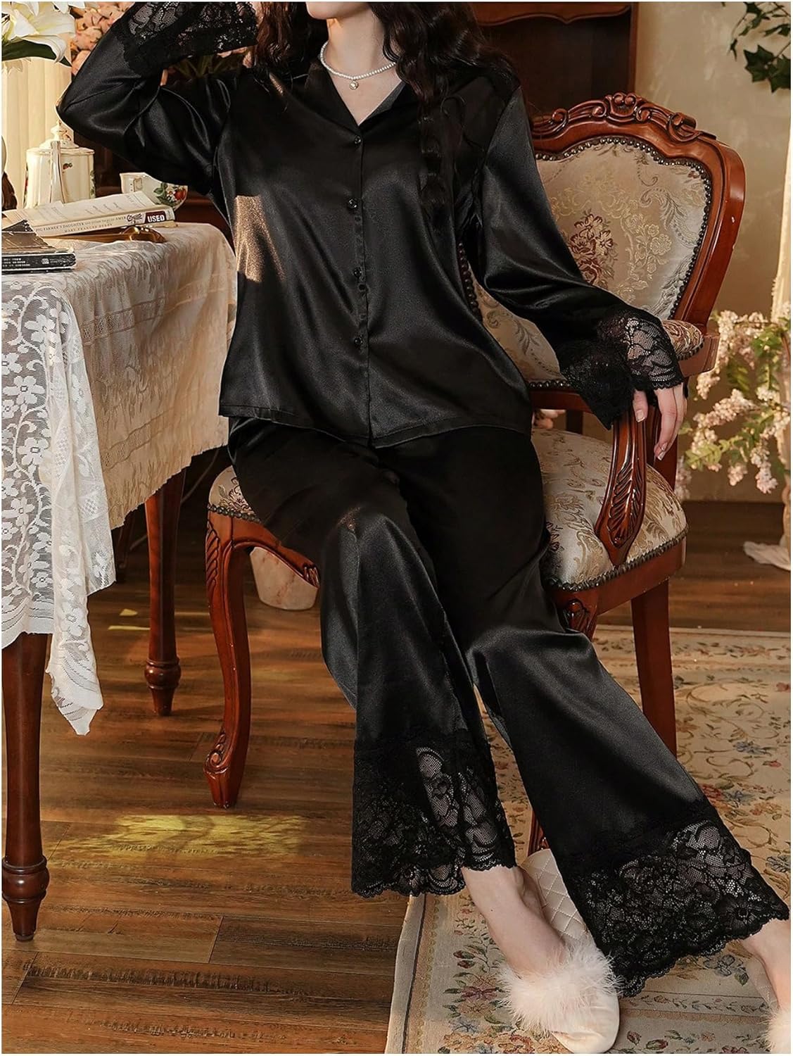 OYOANGLE Women's Silk Satin Pajama Sets 2 Piece Lace Long Sleeve Button Down Loungewear Pajamas Sets - Image 2