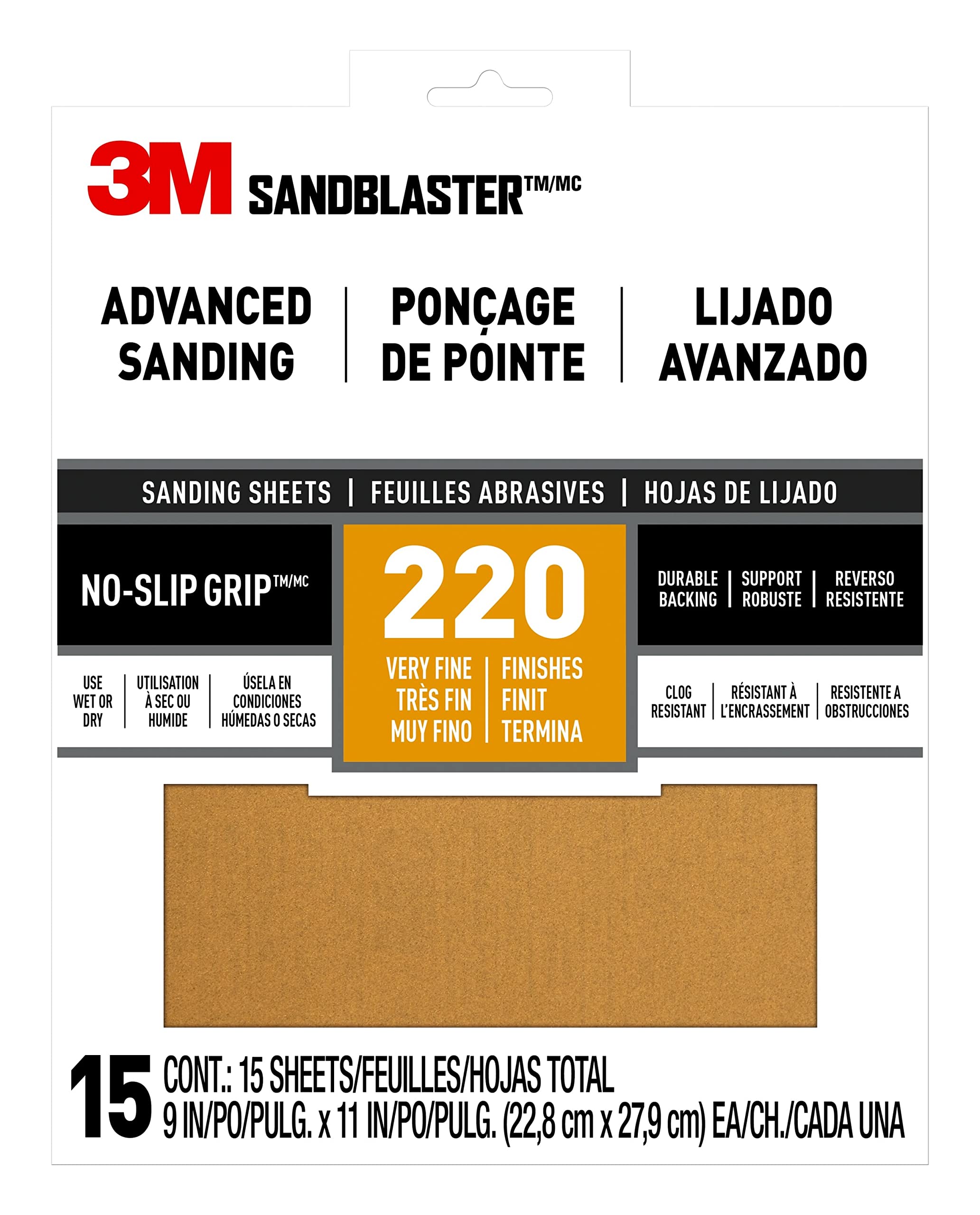 3M Sandblaster Sandpaper, 9 in. x 11 in., 220 Grit, 15 Sheets/Pack