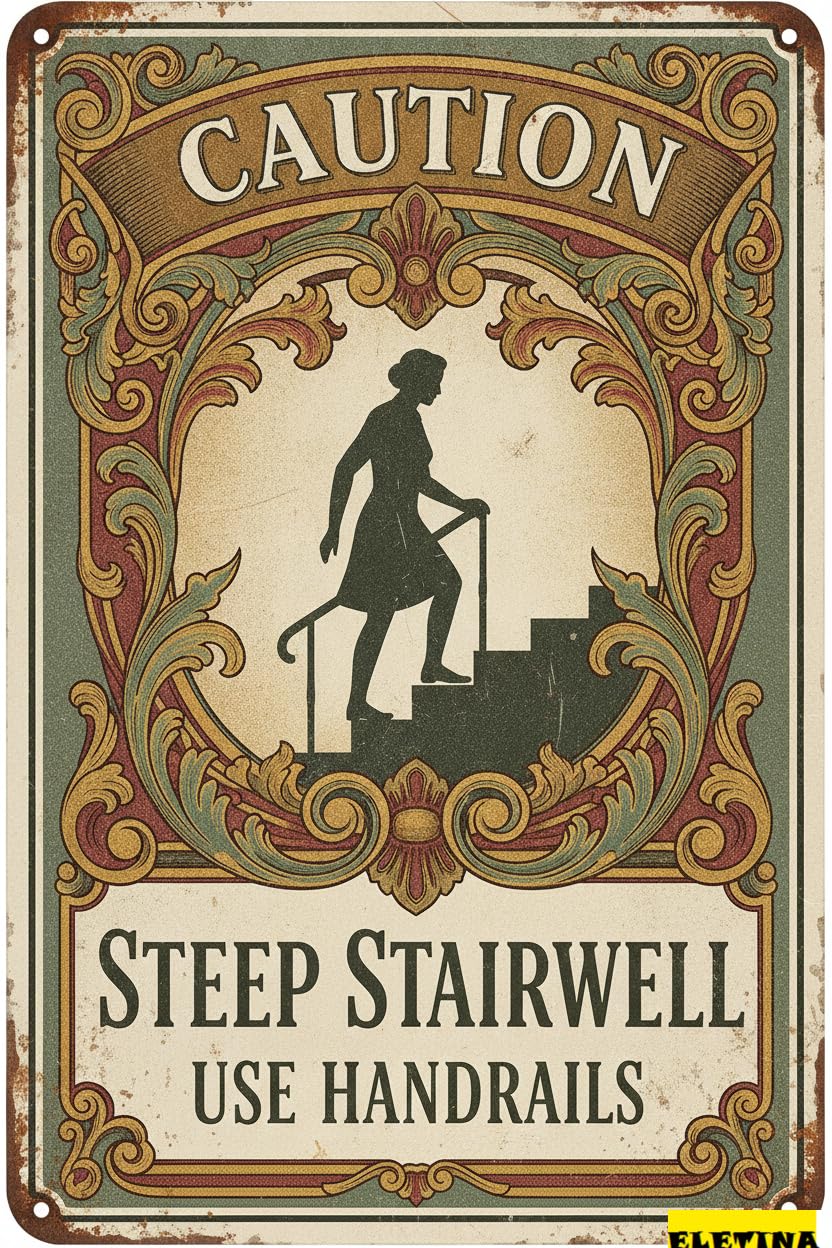 Steep Stairwell Use Handrails Tin Sign, 8x12 Inch Decor