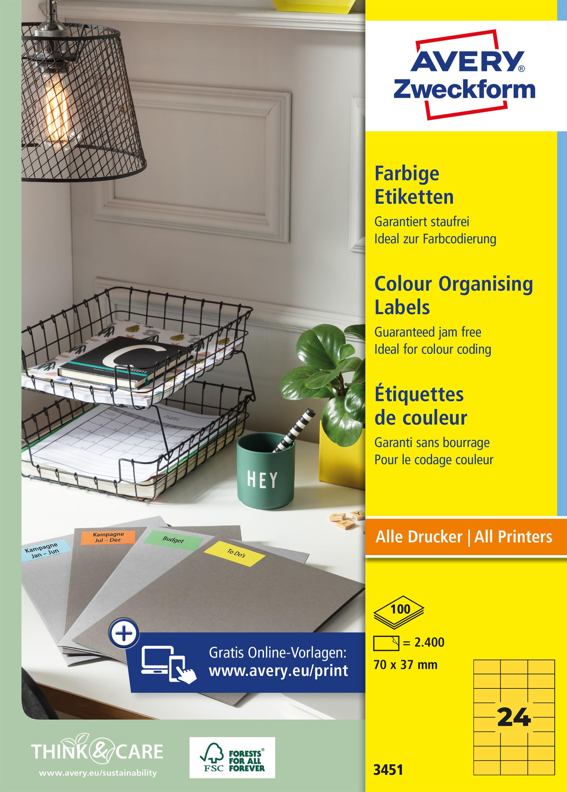 AVERY Zweckform 3451 Gelbe Etiketten (2.400 Aufkleber, 70x37mm auf A4, permanent haftend, selbstklebende Farbetiketten, Papier matt, bedruckbare, farbige Klebeetiketten) 100 Blatt