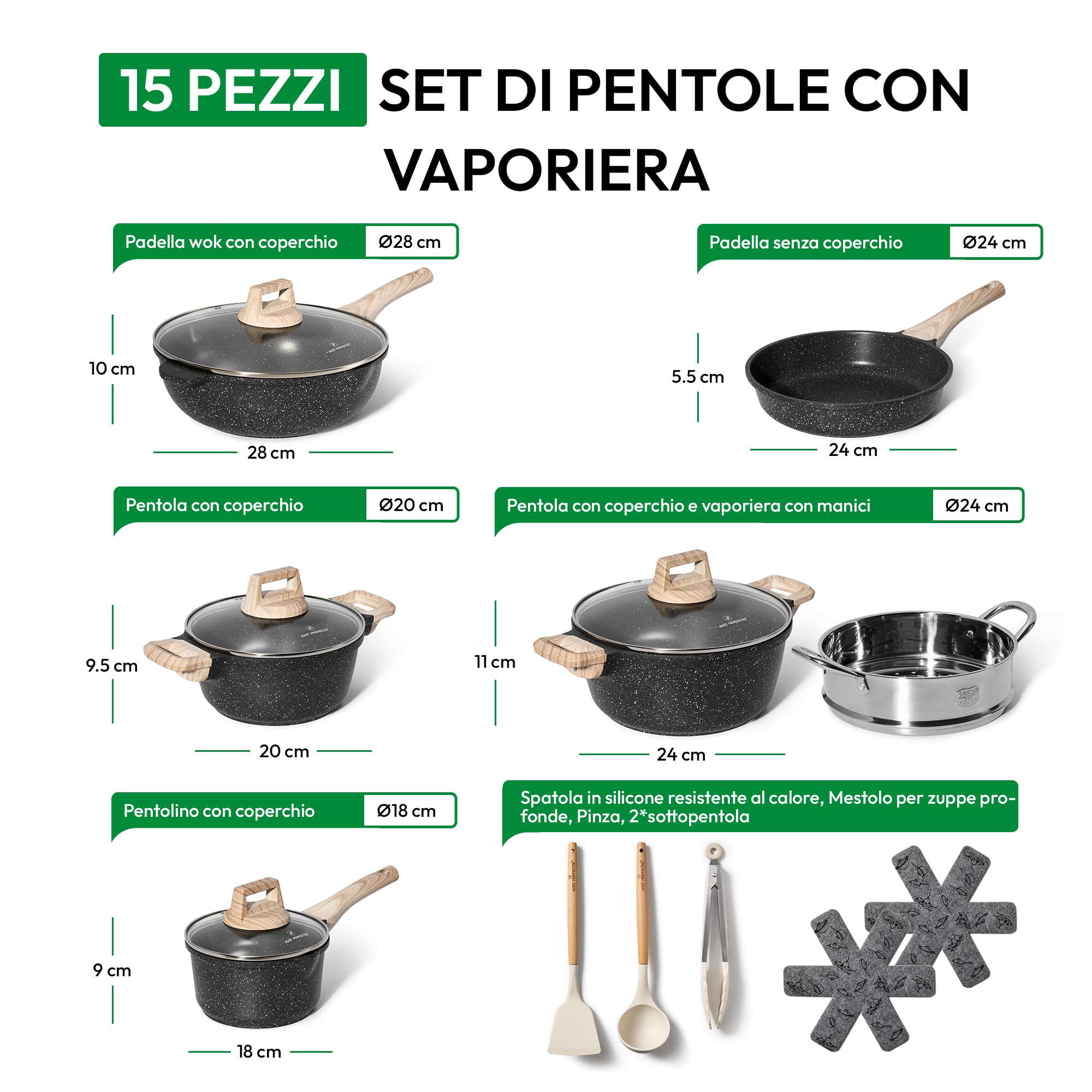 JUST PERFECTO Batteria Pentole e Padelle a Induzione, Set Padelle Antiaderenti Per tutti i piani cottura, Batteria di pentole antiaderente 24/28cm con Coperchi, set pentole induzione senza pfoa e ptfe