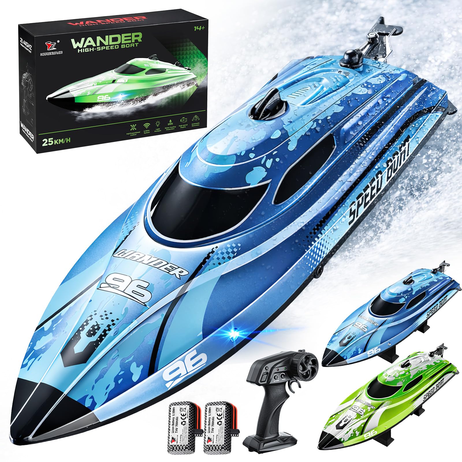YESHIN RC Bateau 25 km/h, Bateau à Télécommande 2,4 GHz avec LED, 2 Batteries, Impermeable & Kentproof, Rappel de Surpression, Convient pour Piscine/Lacs, Cadeau pour Enfants & Adultes (Bleu)
