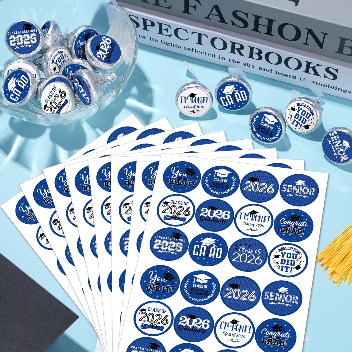 576Pcs Class of 2026 Graduation Stickers,Congrats Party Favors Chocolate Sticker Candy Labels for 2026 Senior High School College Graduation Supplies and Decorations(Blue and White)