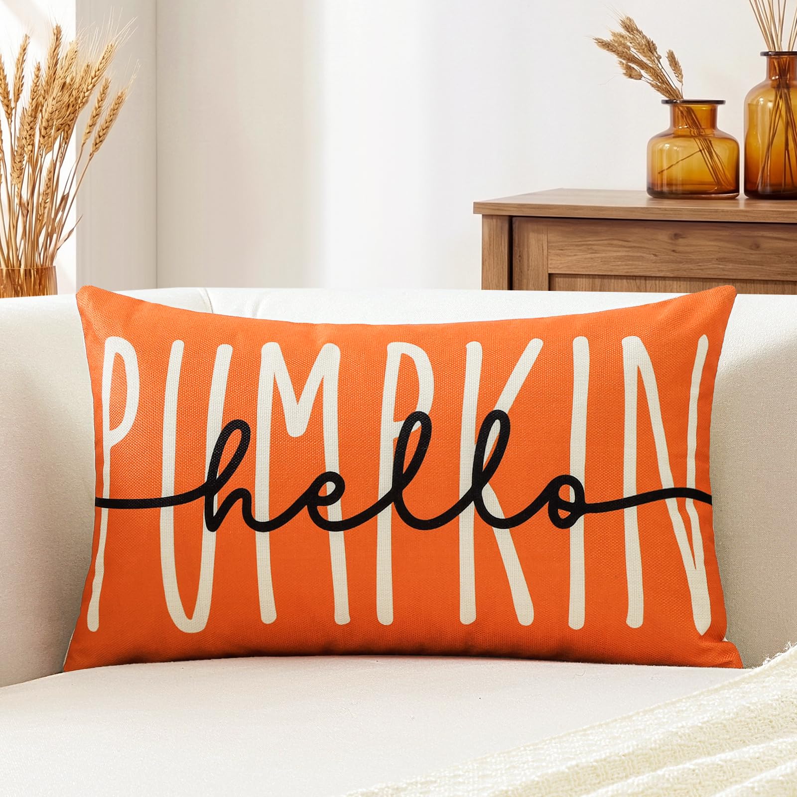 Artscope Fall Lumbar Cushion Cover 40x60cm, Set of 1 Hello Pumpkin Orange White Black Pillowcase Autumn Thanksgiving Pillow Cover for Sofa Living Room Holiday Party Fall Decor