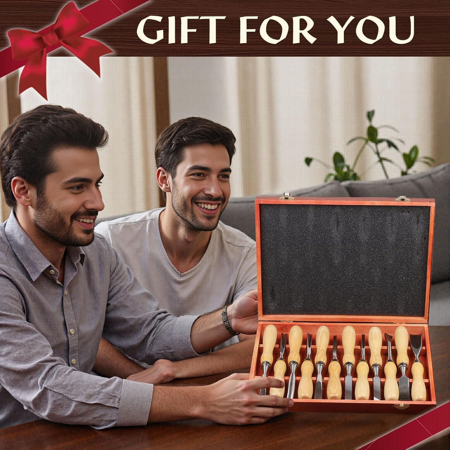 Juego de 12 herramientas de tallado de madera con cuchillas de acero 60Cr-V y caja de regalo de madera de alta calidad, juegos de cinceles de madera para principiantes y profesionales de carpintería