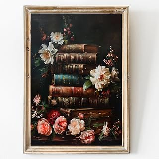 Moody Books Vintage Wall Art Floral Canvas Victorian Painting Dark Academia Gothic Artwork Library Poster 16x24inch No Frame