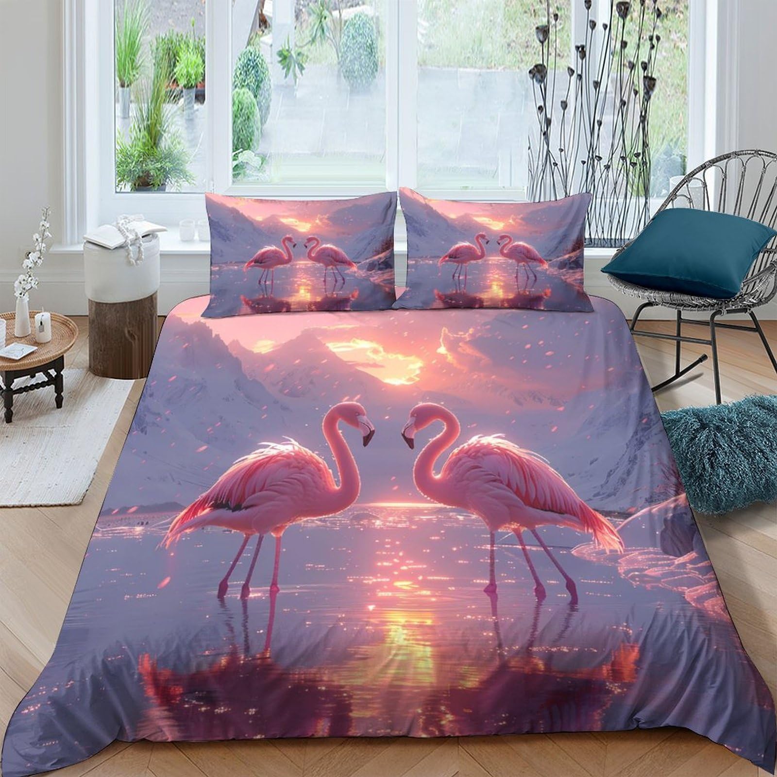 Ctjqhvkz Style-6 3D Printed Sunset Flamingo Fitted Sheet Microfiber Soft Pink Tropical Bed Cover For Bedroom Guest Room Decor Single（135X200cm）
