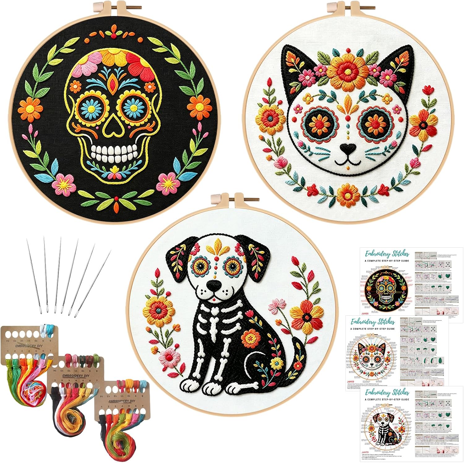 Nuberlic 3 Pack Sugar Skull Embroidery Kit for Beginners, Day of the Dead