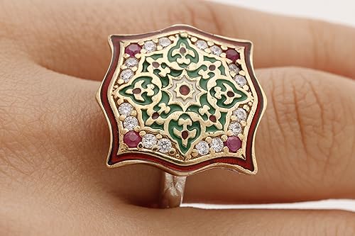 Miniatura 5 de Motif Style Turkish Handmade All Authentic Jewelry Red Enamel Round Cut Ruby Topaz 925 Sterling Silver Ring Size All