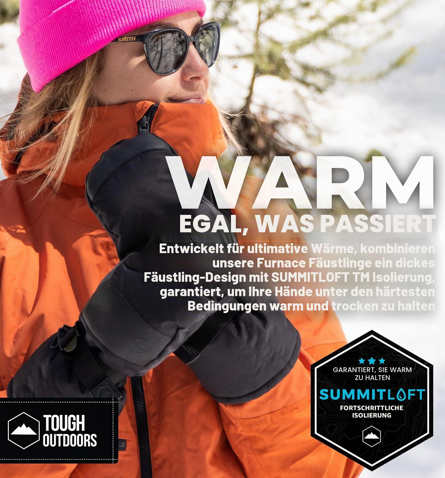Tough Outdoors Ski-Fäustlinge für Erwachsene, wasserdichte Winterhandschuhe für Herren und Damen, Thermo-Fleece-Futter für kaltes Wetter