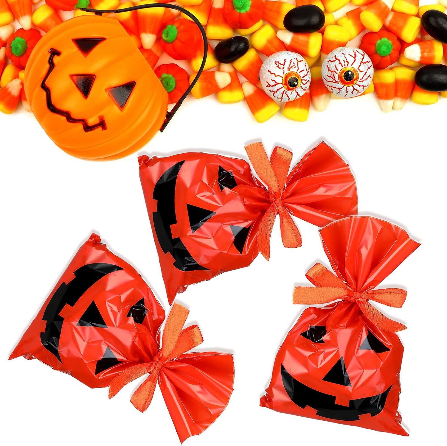 Tenare 200 Pcs Halloween Cellophane Treat Bags Pumpkin Plastic Candy Goodie Gift Loot Bags with 22 Yards Ribbon for Party Favors Sacks, 6 x 9 Inch