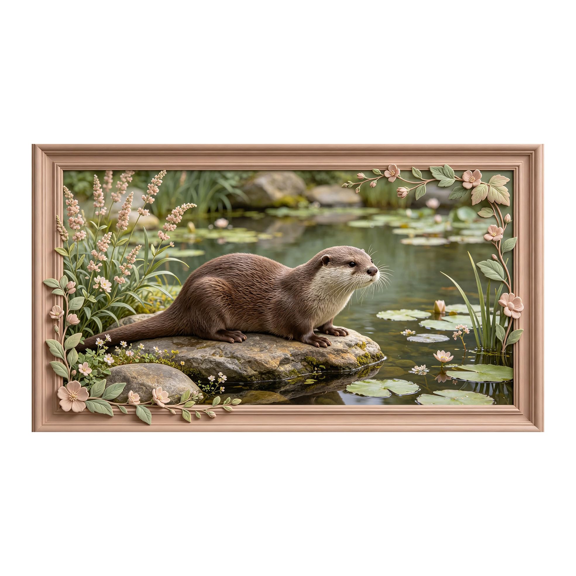 Yzpallescene 3D 3D Framed Wall Art 50cm×90cm Otter Pond Landscape Watercolor Large Size SelfAdhesive Removable Wall Decor Prints Artwork for Living Room Bedroom Office