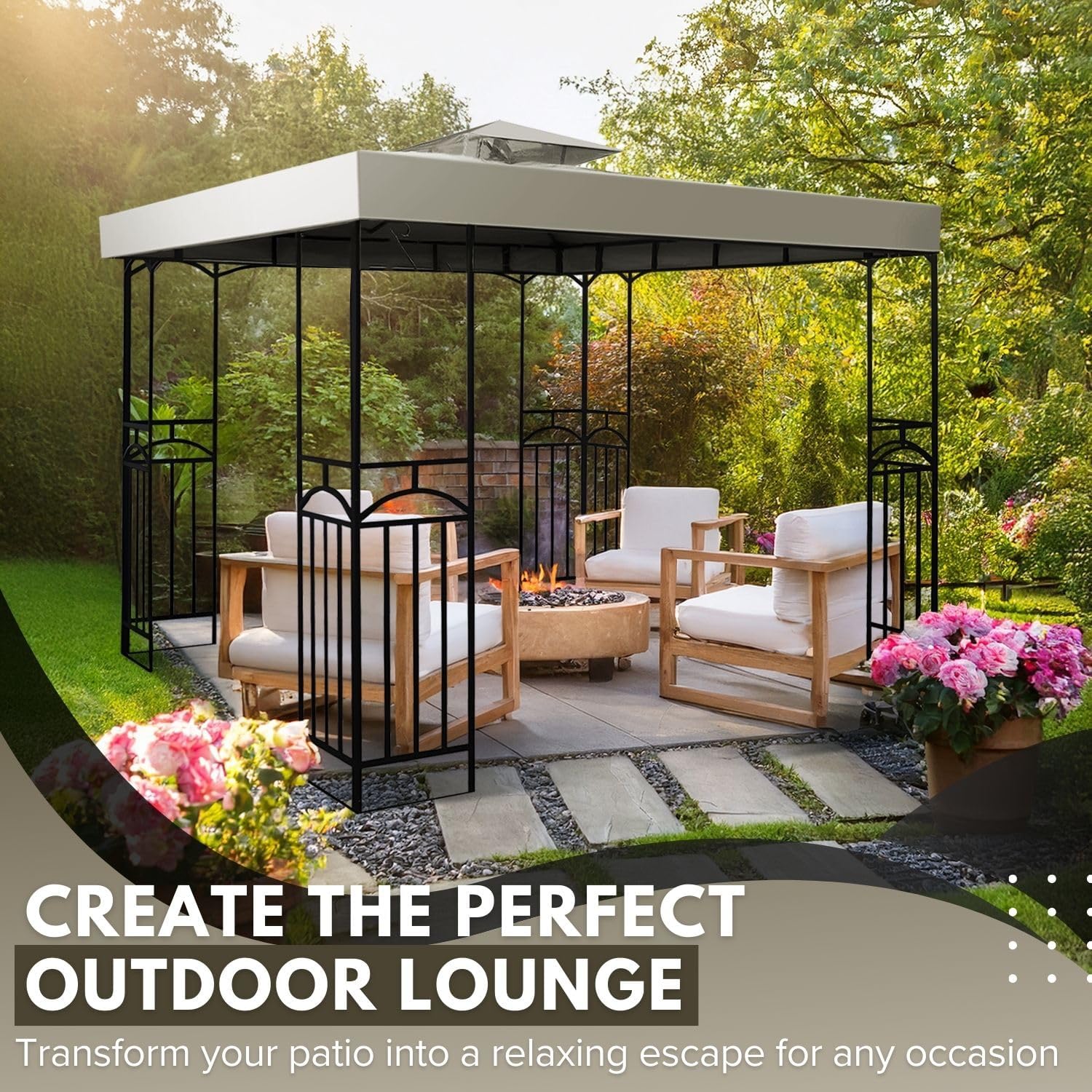 Flexzion Gazebo Cover Replacement Canopy Top 8x8 Ft (2.4m x 2.4m) - Double Tier Top Canopy Cover Replacement with UV30+, Dirt, Water Resistant for Outdoor, Sunshade, Garden, Patio, Pavilion (Ivory)