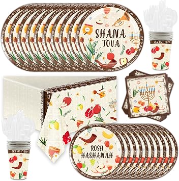 97PCS Rosh Hashanah Disposable Plates and Napkins Set - Jewish New Year Tablecloth Decorations for Dinner Party
