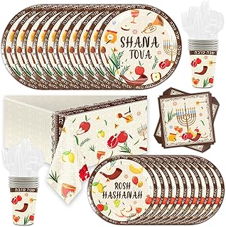 97PCS Rosh Hashanah Disposable Plates and Napkins Set - Jewish New Year Tablecloth Decorations for Dinner Party