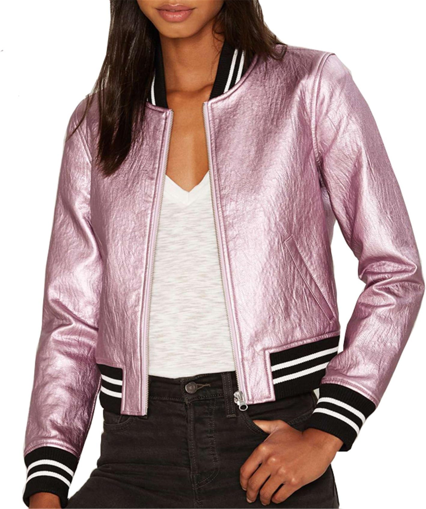 Lemon Autumn Women Side Pocket Casual Shaping Zipper Coat Solid Pink Metallic Contrast PU Slim Street Style Jacket