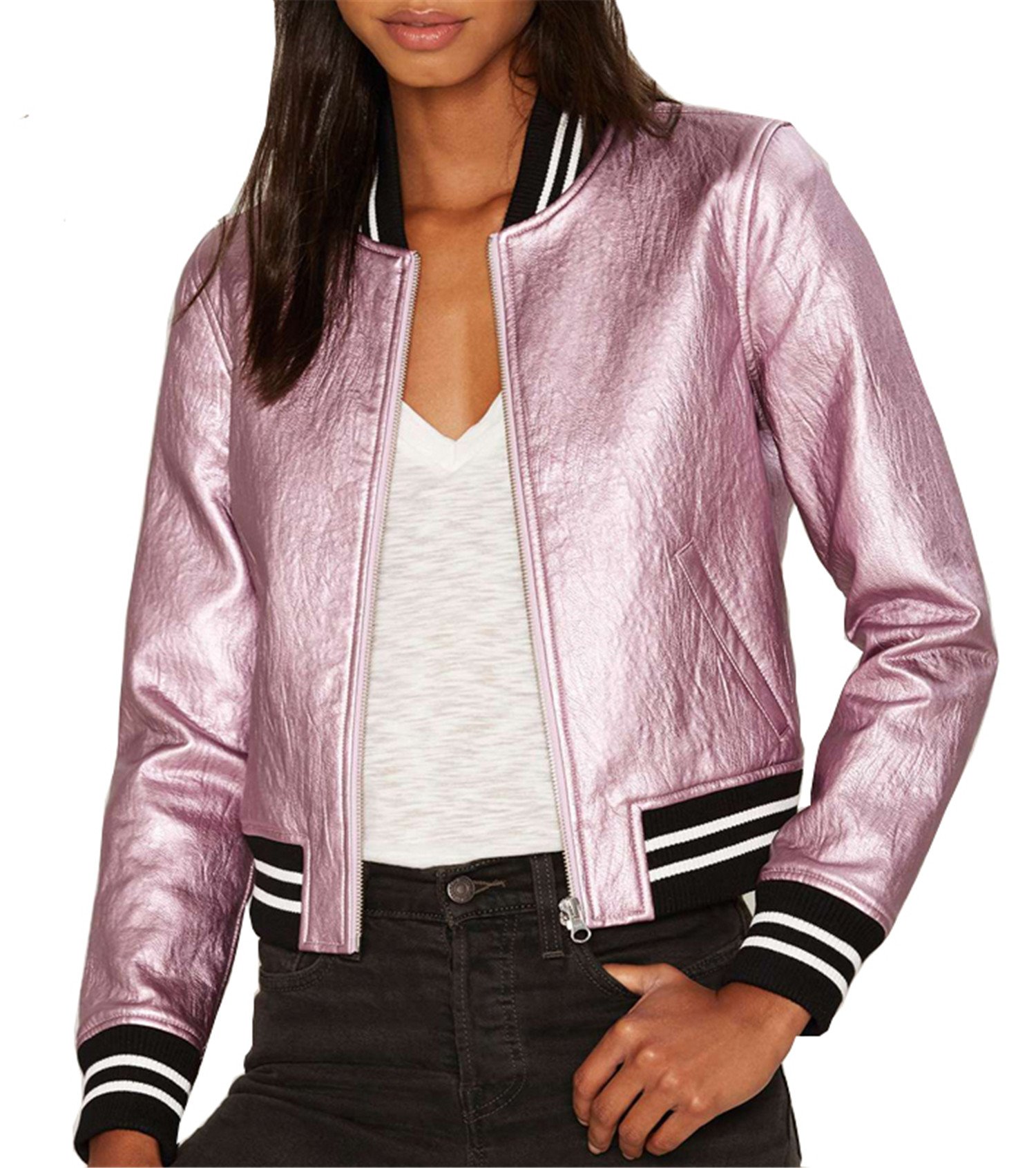 Lemon Autumn Women Side Pocket Casual Shaping Zipper Coat Solid Pink Metallic Contrast PU Slim Street Style Jacket