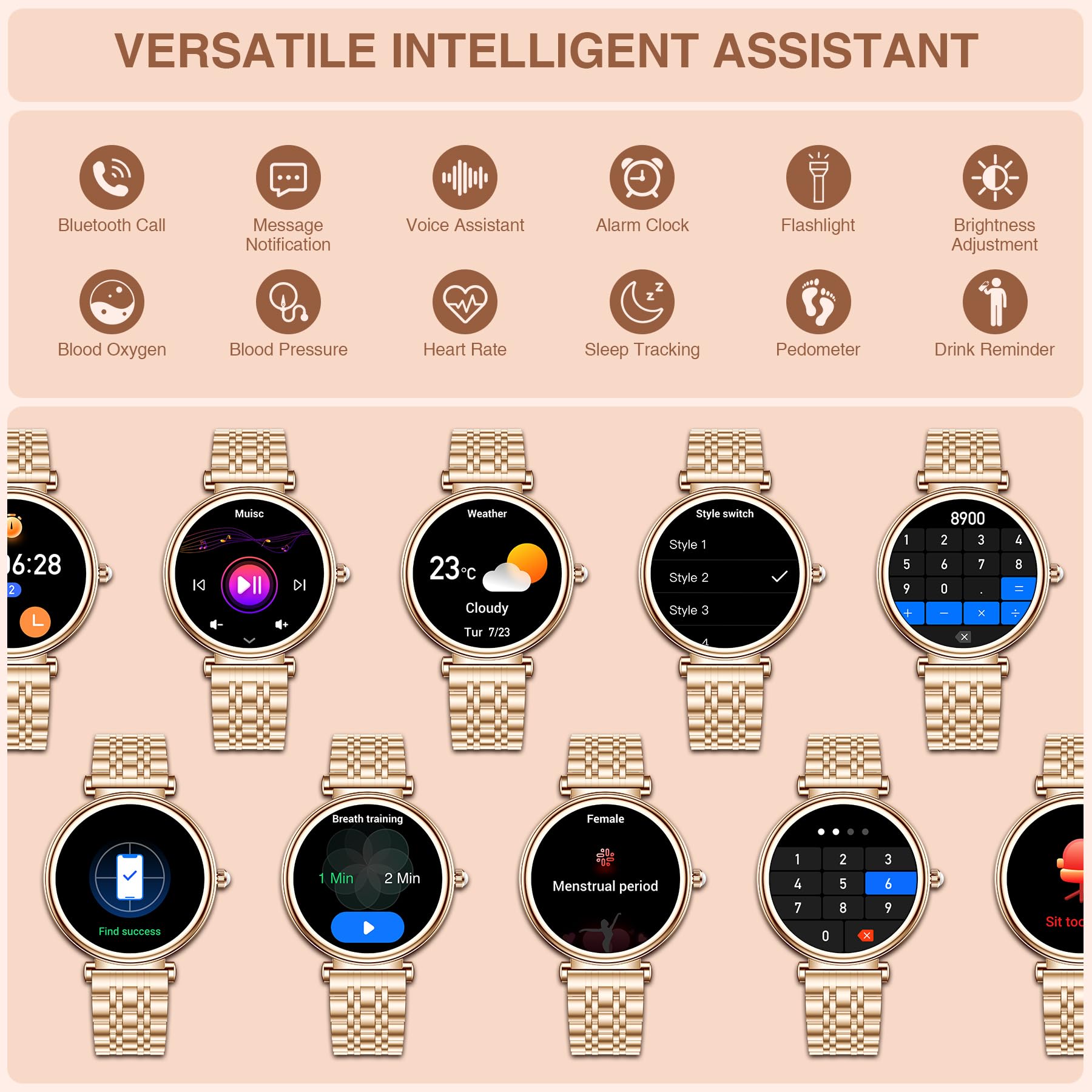 Montre Connectée Femme avec Appel Bluetooth, 1,27" Smartwatch Cardiofrequencemetre Cycle Menstruel SpO2 Suivi Sommeil, 120+ Modes Sport IP67 Podometre Montre Sport pour Android iOS Or Rose