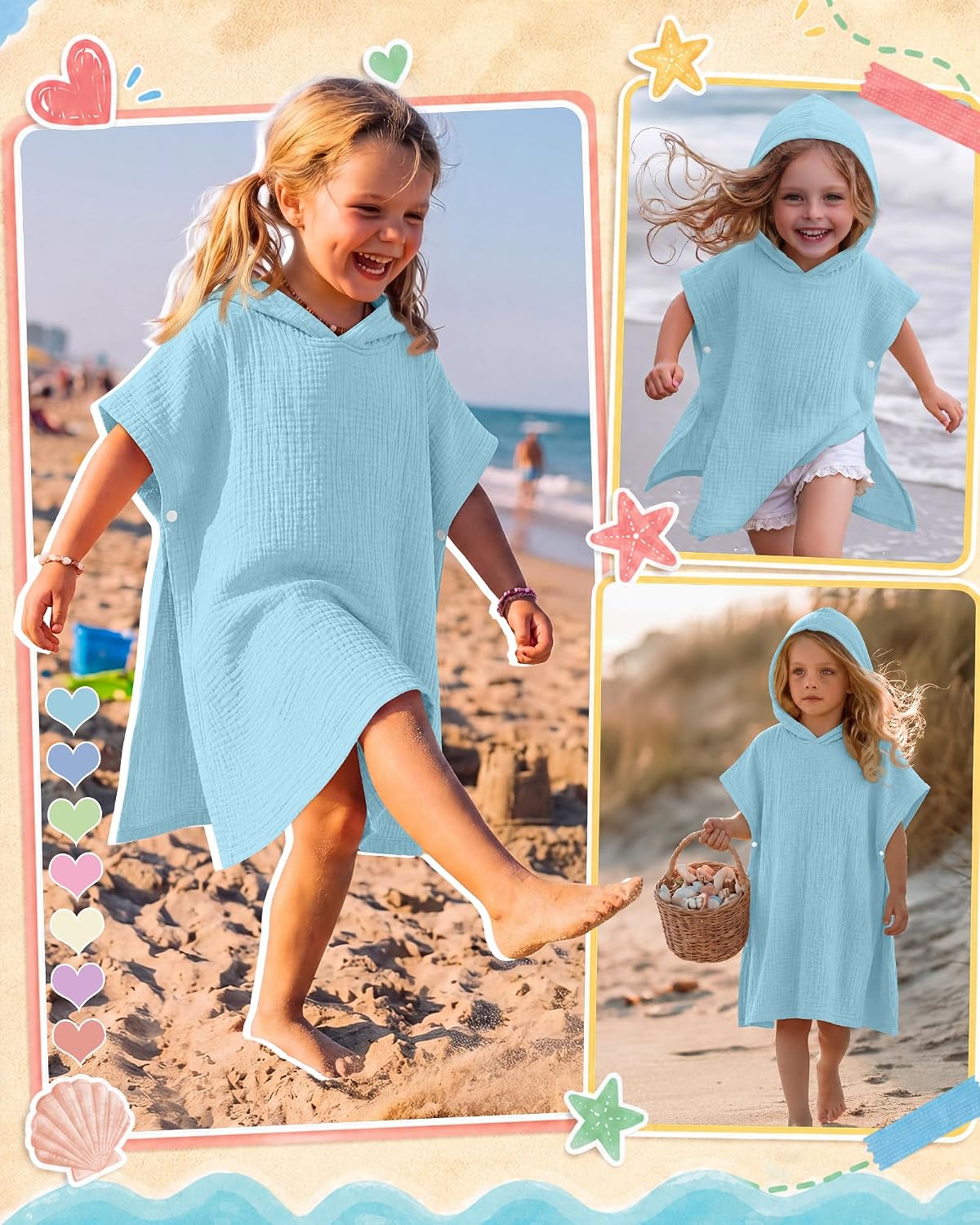 Girls Swim Cover Up Cotton Poncho | Hooded Coverup, Kid Double Sided Swimsuit, Lightweight And Comfy Fabric, Quick Dry Towel, Summer Beach Travel Outdoor Clothes