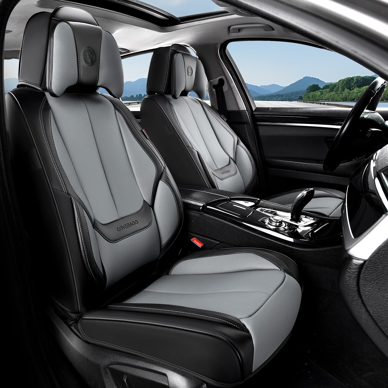 Coverado Seat Covers, Car Seat Covers Front Seats, Car Seat Cover, Car Seat Protector Waterproof, Seat Cushion Nappa Leather with Head Pillow, Carseat Cover Universal Fit for Most Cars (Black&amp;Gray)