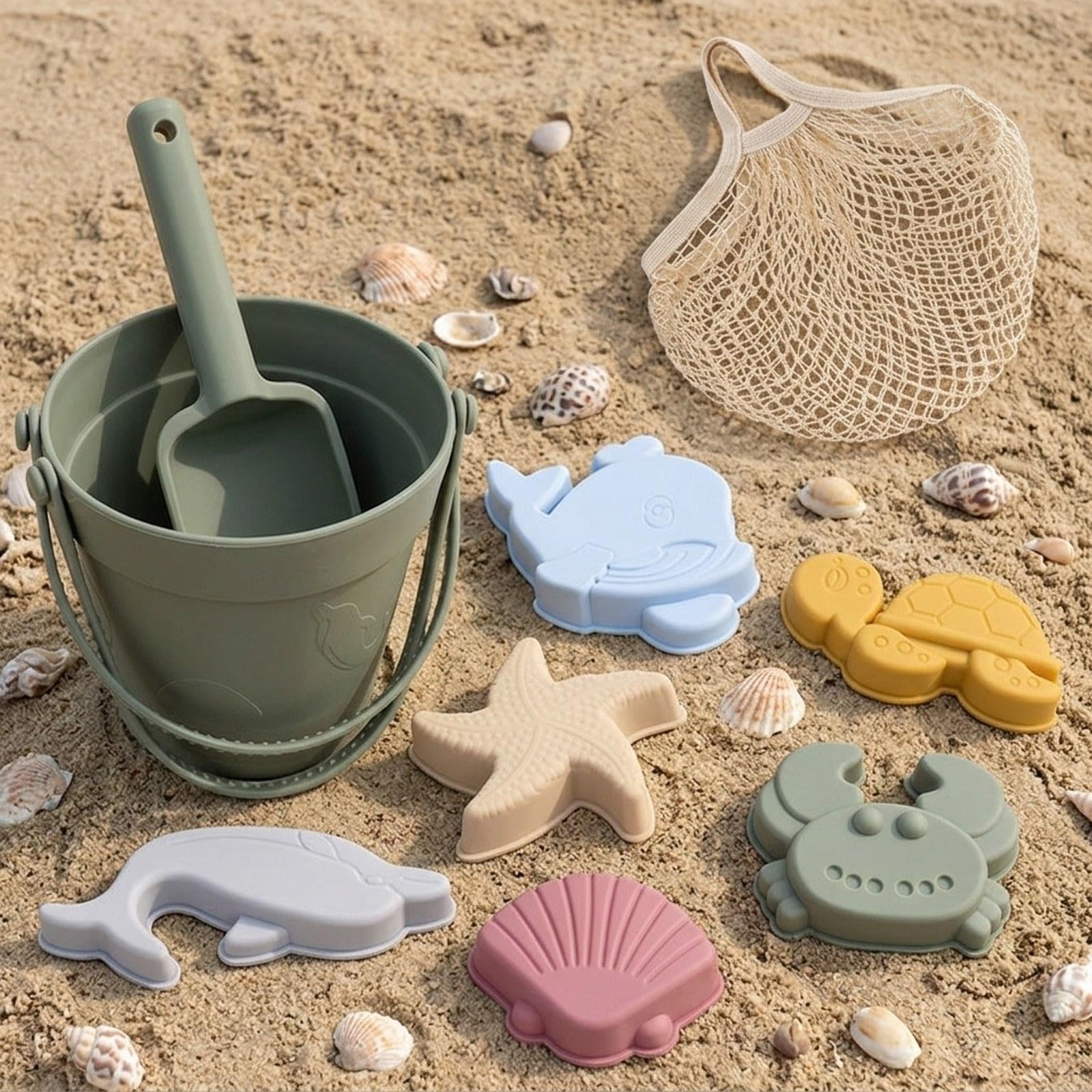 Jouets de Plage Seau Sable Silicone Moules Marin Sac de Transport Pratique et Adapté Aux Jeux Enfants Plein Plage Jardin En Toute, Vert