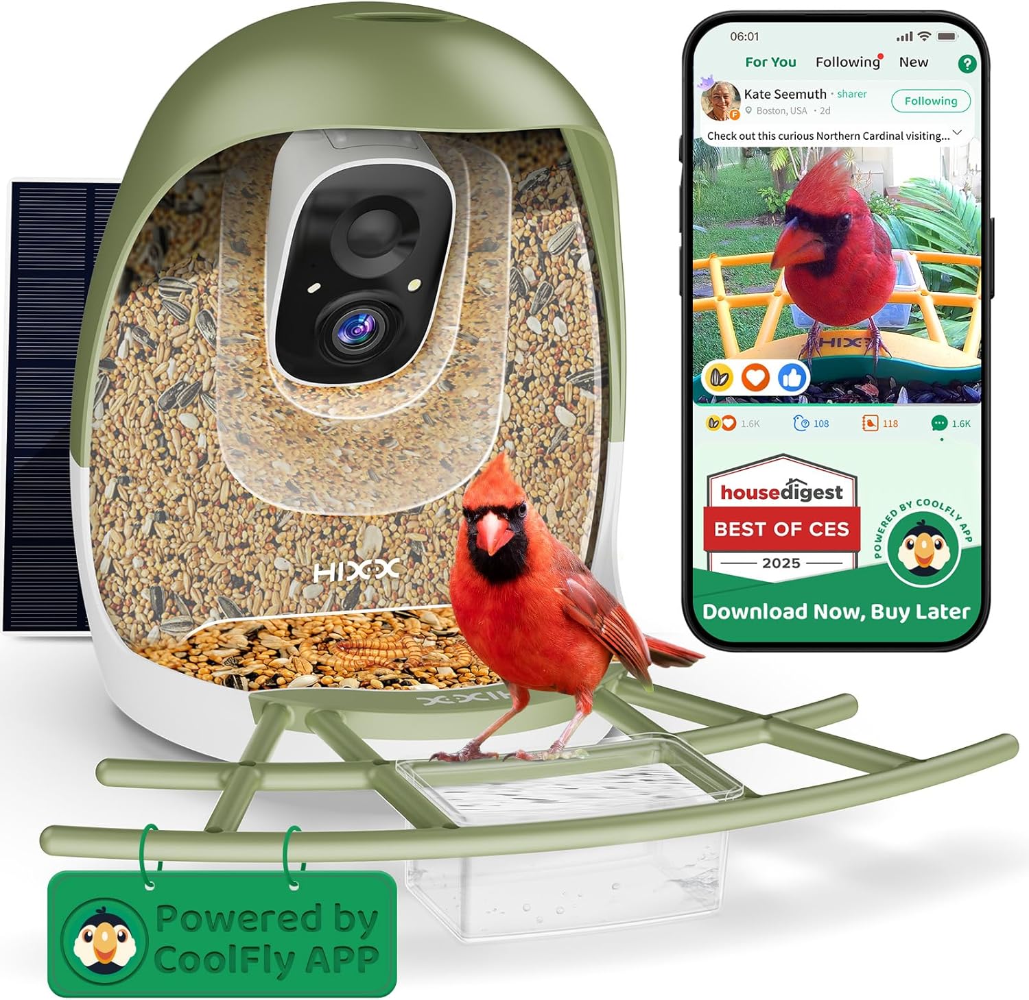 HIXX Smart Bird Feeder with Camera, Birdwatching Camera with Lifetime Free AI Identify Bird Species & Solar Panel, Auto Video Capture & Instant Notifications, Ideal Gifts for Lover, Forest Green