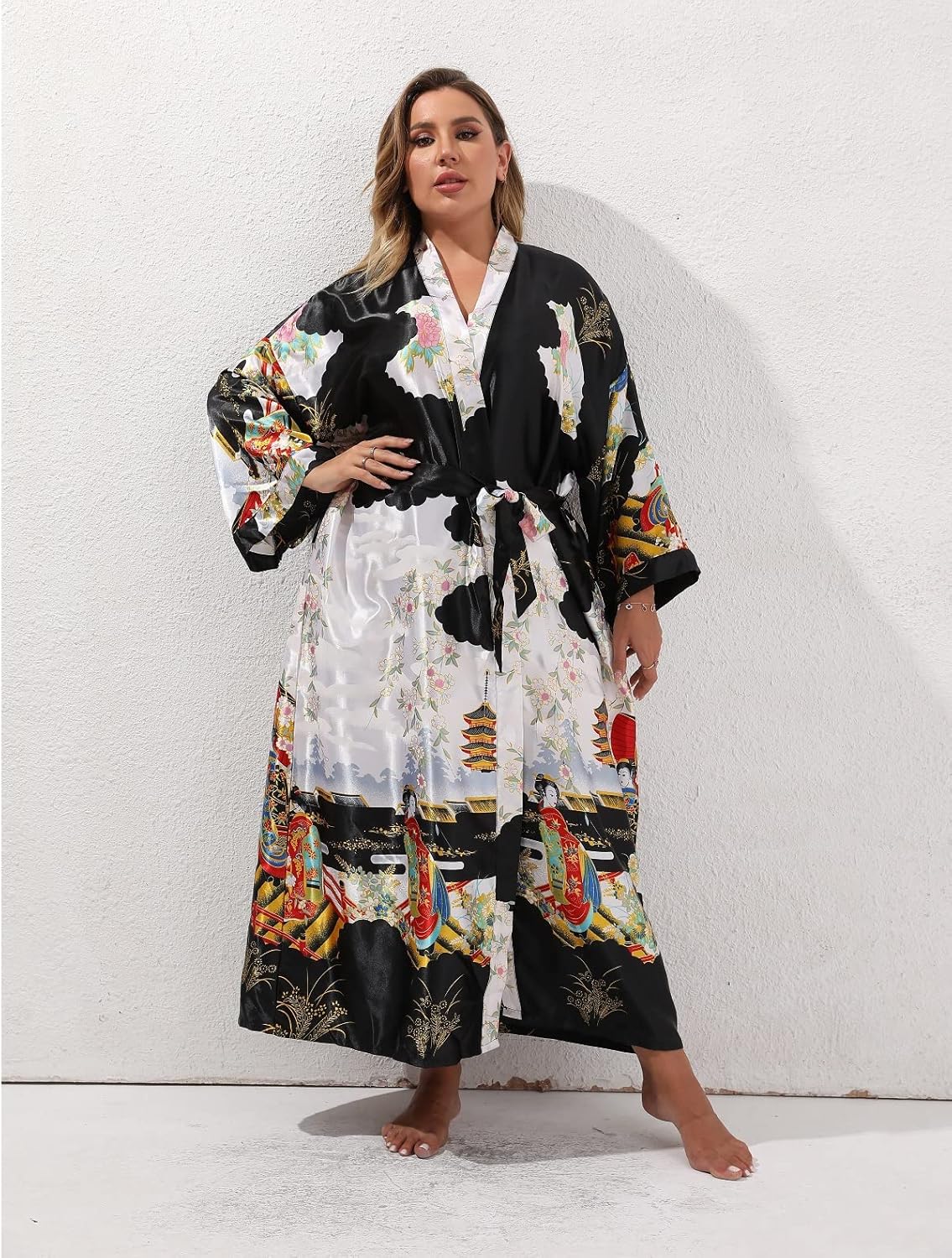 Women's Floral Long Satin Robes Plus Size Long Silk Robes Peacock Floral Kimonos Sleepwear Dressing Gown - Image 3