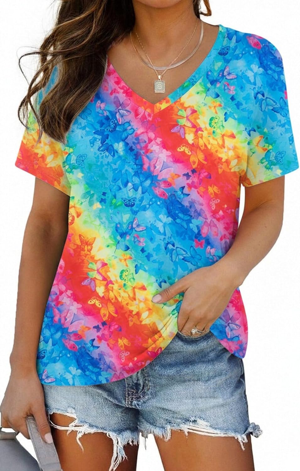 Womens Tie Dye Shirts Butterfly Color Gradient Print V Neck Tshirt Summer Casual Rainbow Short Sleeve Tee Tops