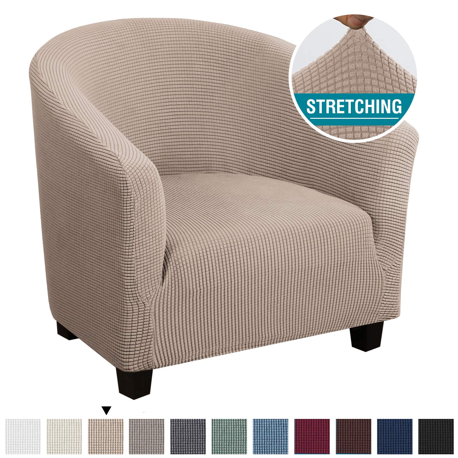 High Stretch Club Chair Cover Tub Chair Cover Armchair Sofa Slipcover with Elastic Bottom Super Soft Jacquard Spandex Skid Resistance Furniture Protector (1 Piece, Khaki)