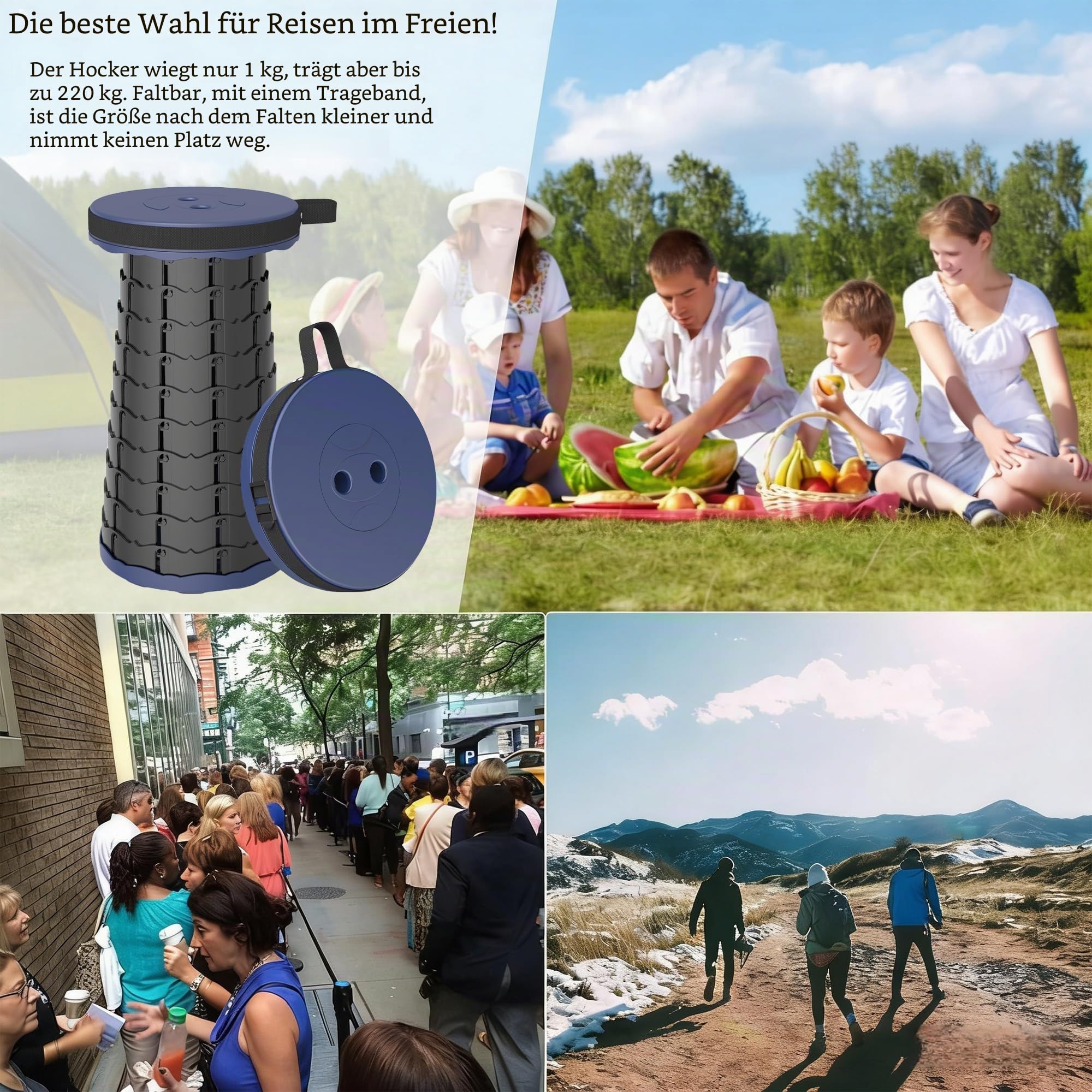 Teleskophocker,Zusammenklappbar, leicht und tragbar, Hocker für Erwachsene, Camping-Hocker für Wandern, Angeln, Reisen, Grillen, maximale Belastung 440lbs