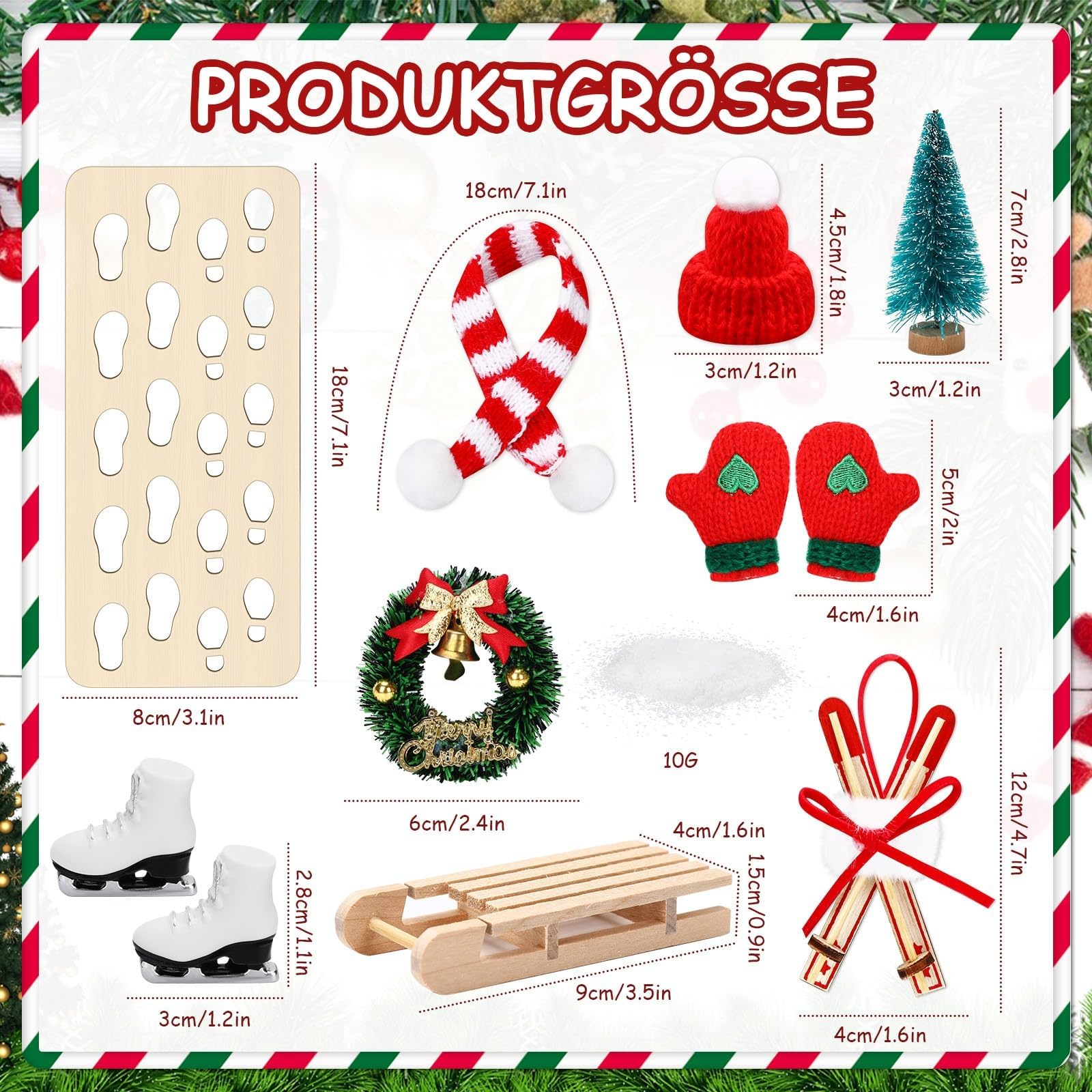 MARFOREVER Miniature Christmas Sleigh Decoration Set, 10-Piece Accessories with Ski Boots, Snowflakes, Reindeer Tracks - Image 2