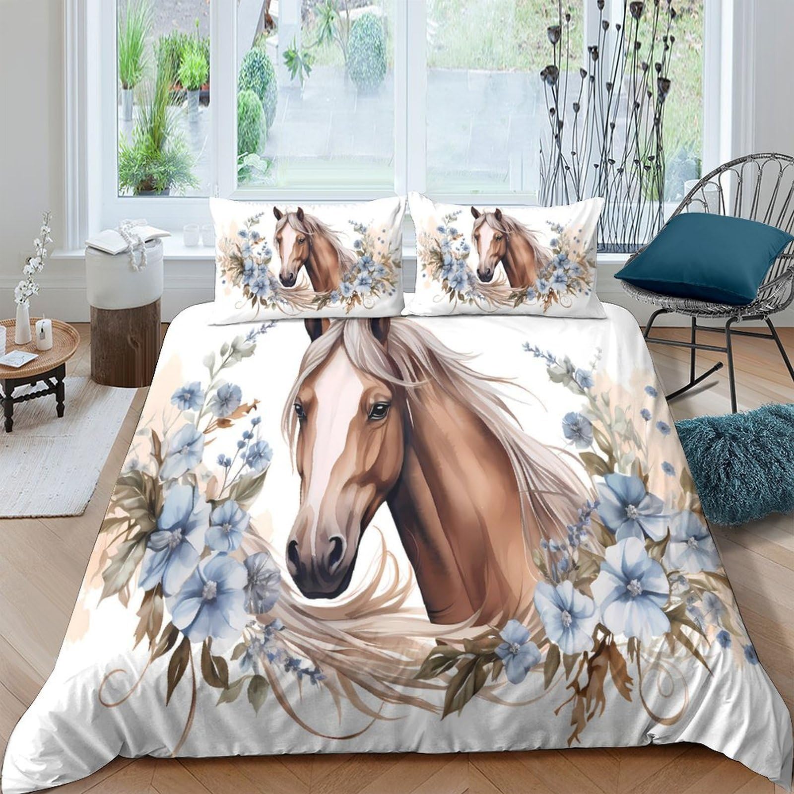 GPLZQXKJNH 3D Printed Horse Floral Duvet Cover Microfiber Soft Breathable Western Meadow Bedding Set with 2 Pillowcases for Bedroom Decor Single（135x200cm）