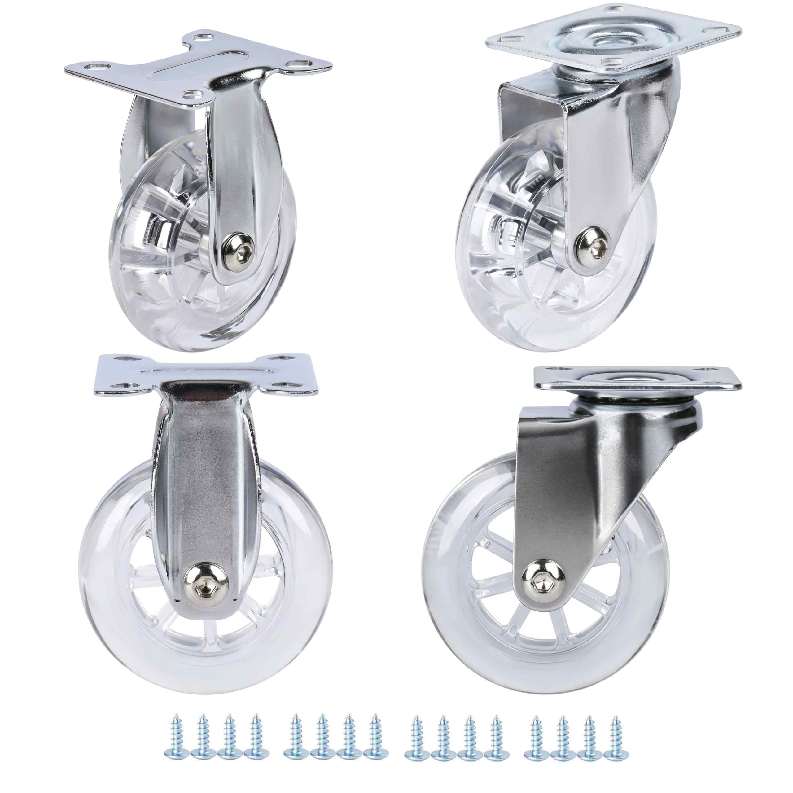 Nfbcxutkw 2 Swivel+2 Rigid Clear 3" Caster Wheels Set Of 4, Pu Plate Casters 2 Fixed 2 Swivel For Cart