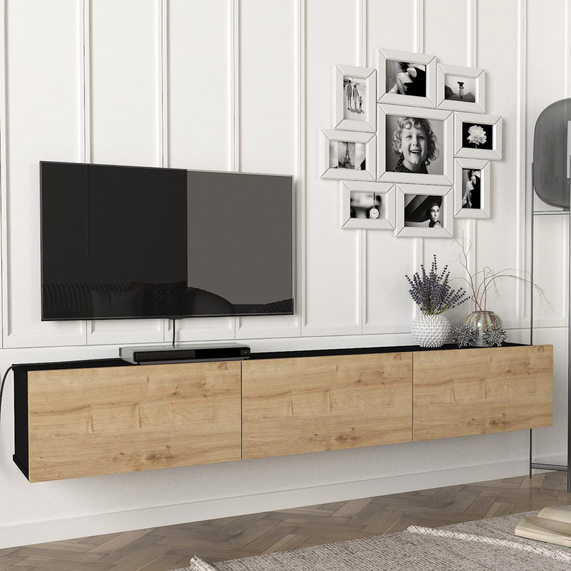 [en.​casa] Mobile TV da Parete con 3 Ante a Ribalta Mensola Porta TV 180 x 31 x 29,​5 cm Armadietto Pensile - Nero/​Effetto Rovere