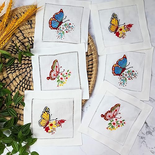 Servilletas de cóctel bordadas blancas de 6 x 6 pulgadas, juego de 6 posavasos de tela, servilletas de cóctel bordadas de mariposa para servilletas