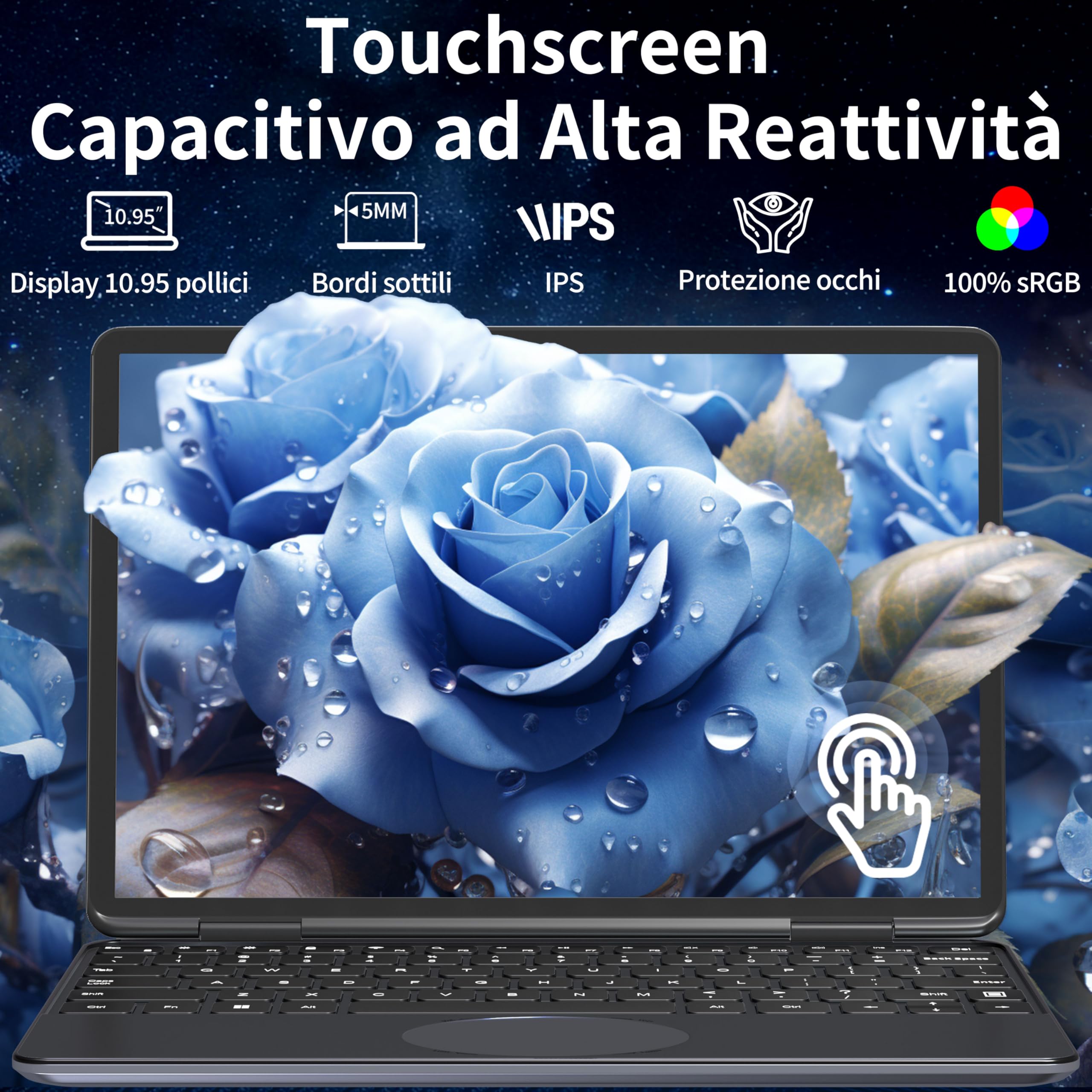 PC Convertibile 2 in 1 Touchscreen 11.6" FHD IPS, Processore N150 12ª Gen, 16GB RAM, 256 SSD Veloce, Rotazione 360°, Design Ultra-Leggero, Custodia tastiera ITA e Tastiera retroilluminata (16+256)