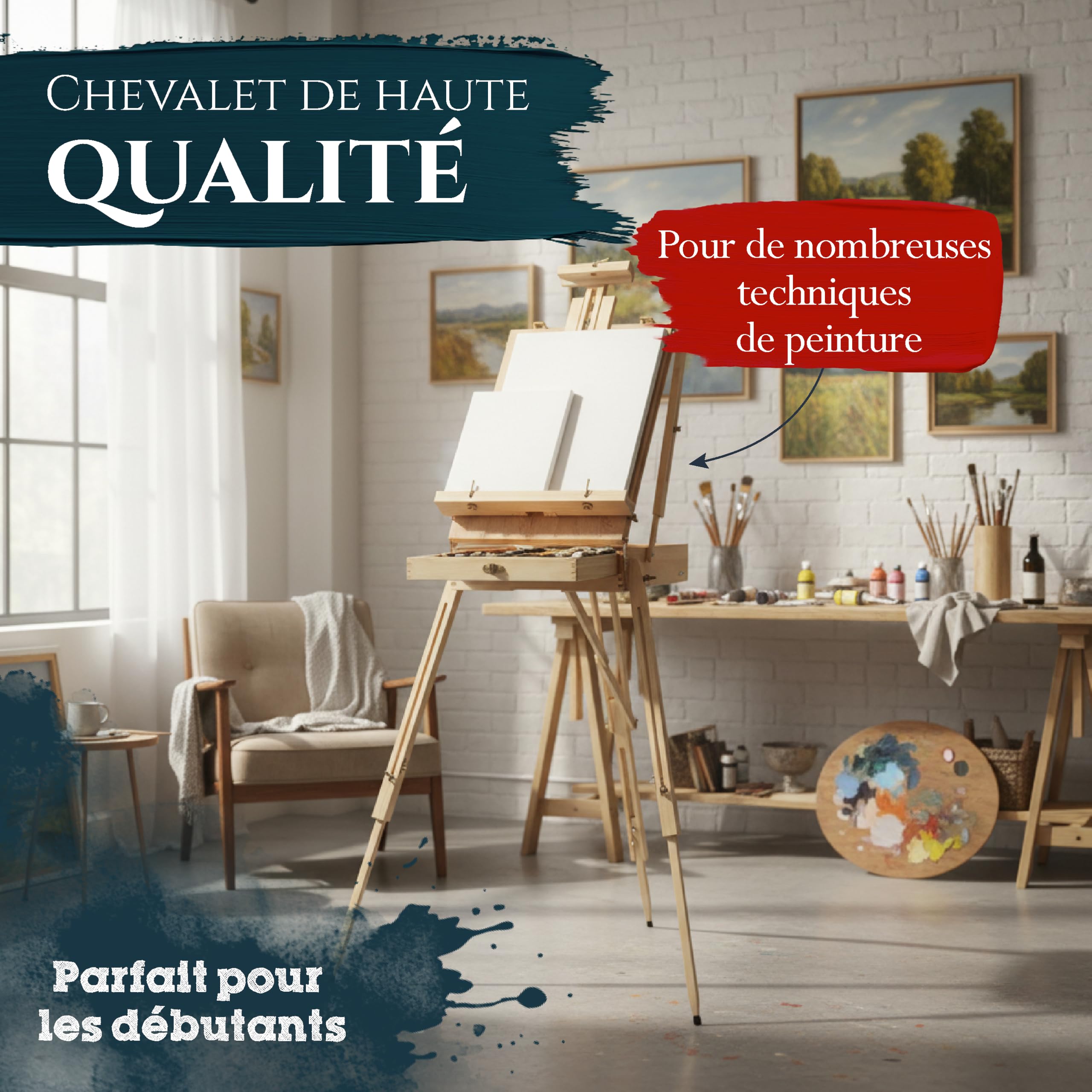 Artina chevalet en bois réglable à 90° pour toile jusqu'à 100cm